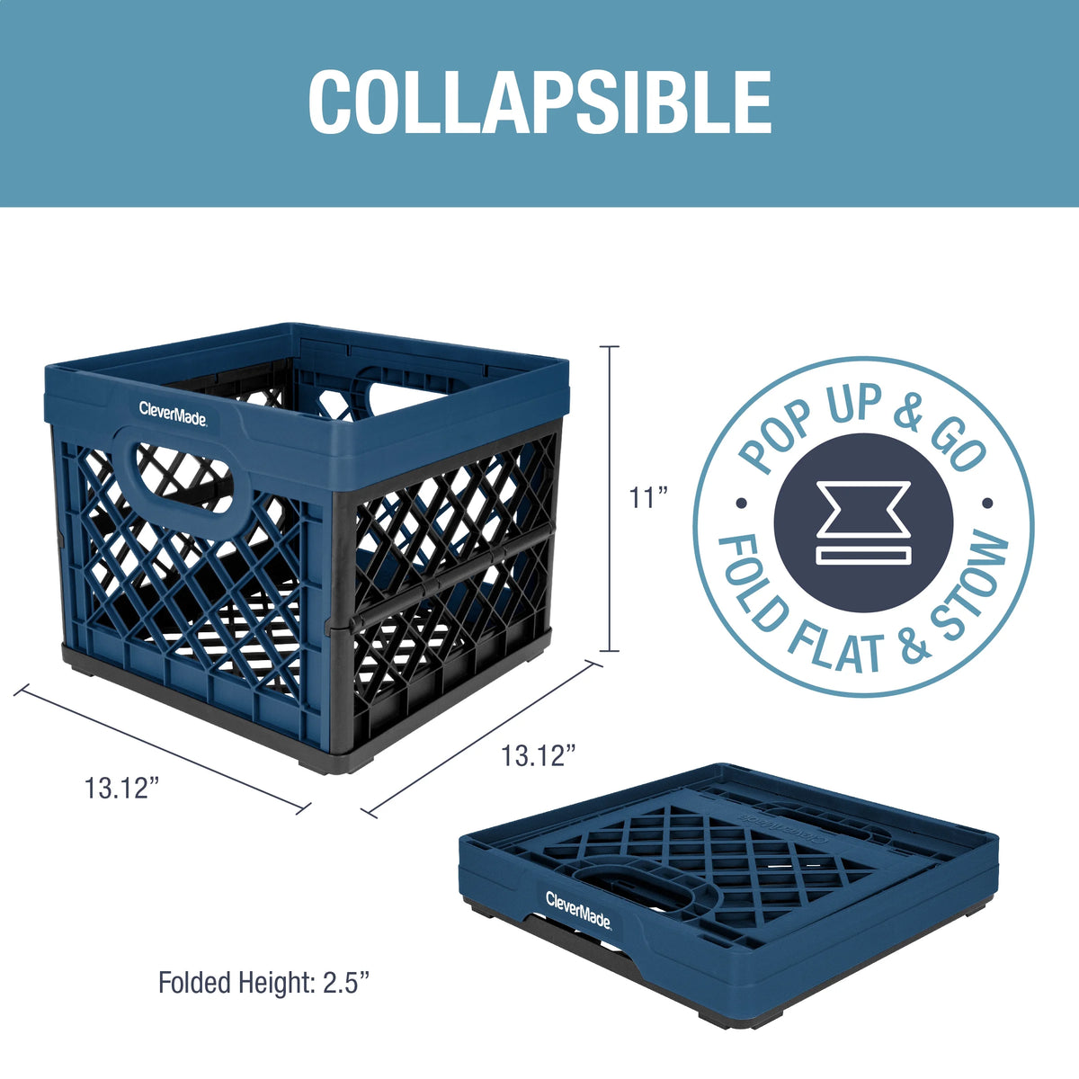 Collapsible Eco Plastic Crate, 6.6 Gal, Ocean Navy