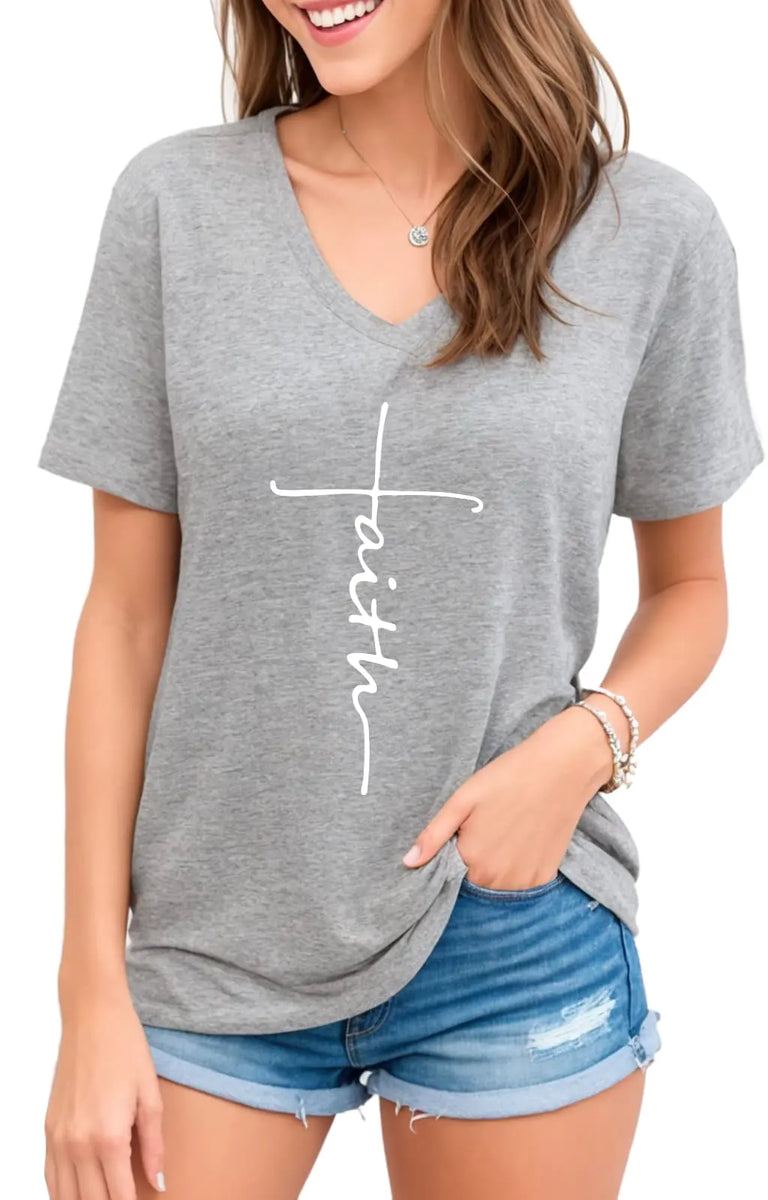 Moms care Women Cross Faith Christian Graphic Tee (Grey V neckXL)