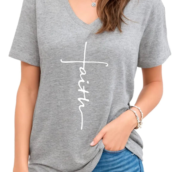 Moms care Women Cross Faith Christian Graphic Tee (Grey V neckXL)