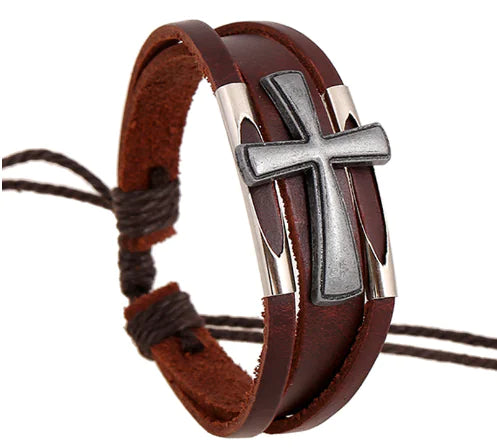 Leather and Wood Religious Bracelet (One Piece)